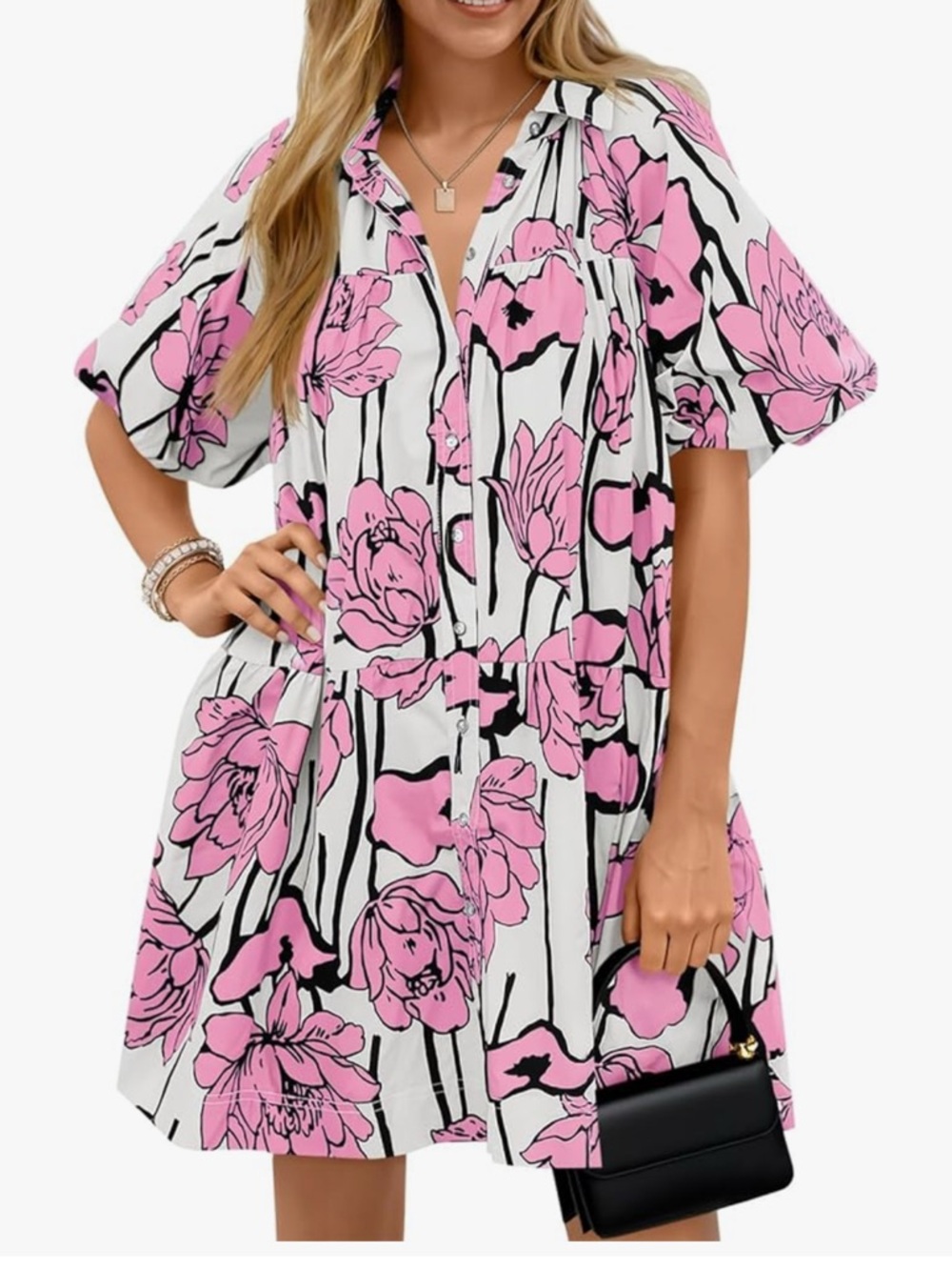 Casual Pink Floral Button-Front Shirt Dress - Picture 4 of 4